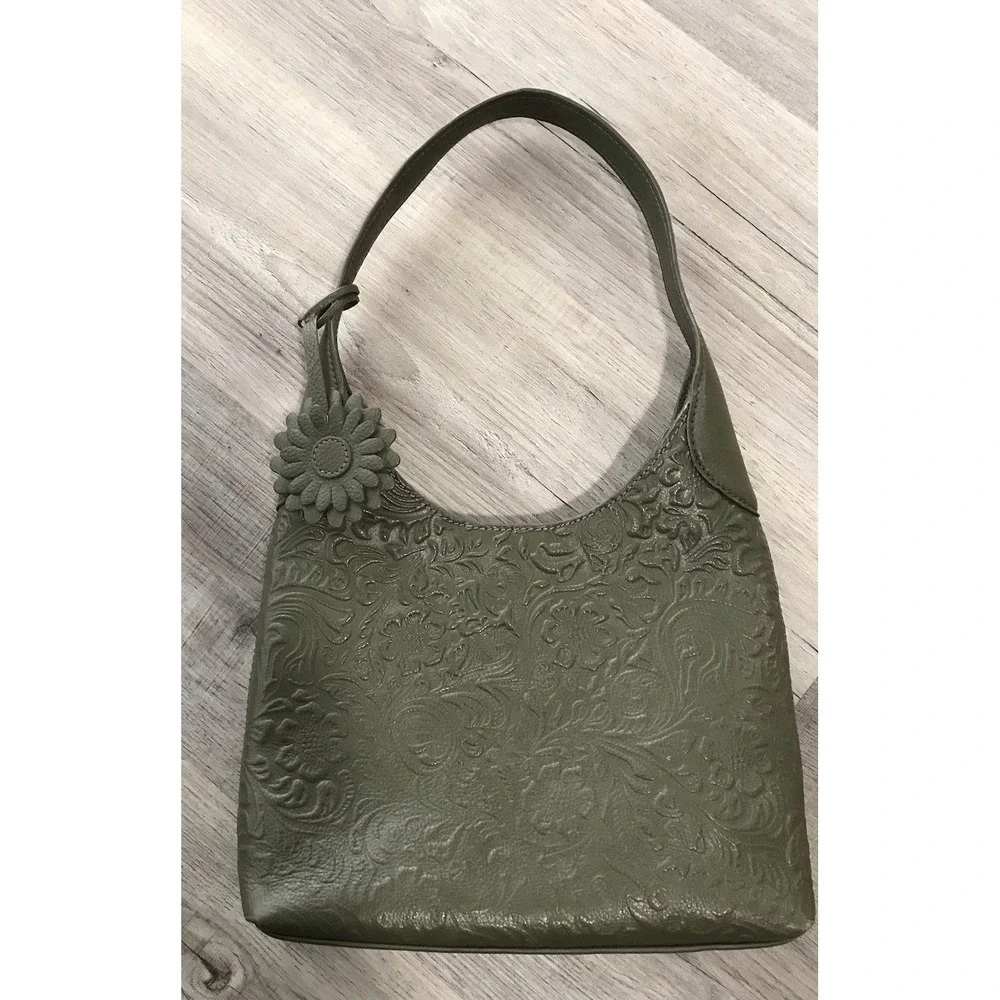 Shoulder Bag Tooled 100% Olive Green Leather Purse Handbag Made in India
